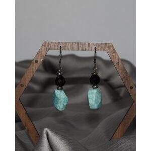 J&T Sterling Black Bead & Turquoise Dangle Earrings 8.90G / 1.8in